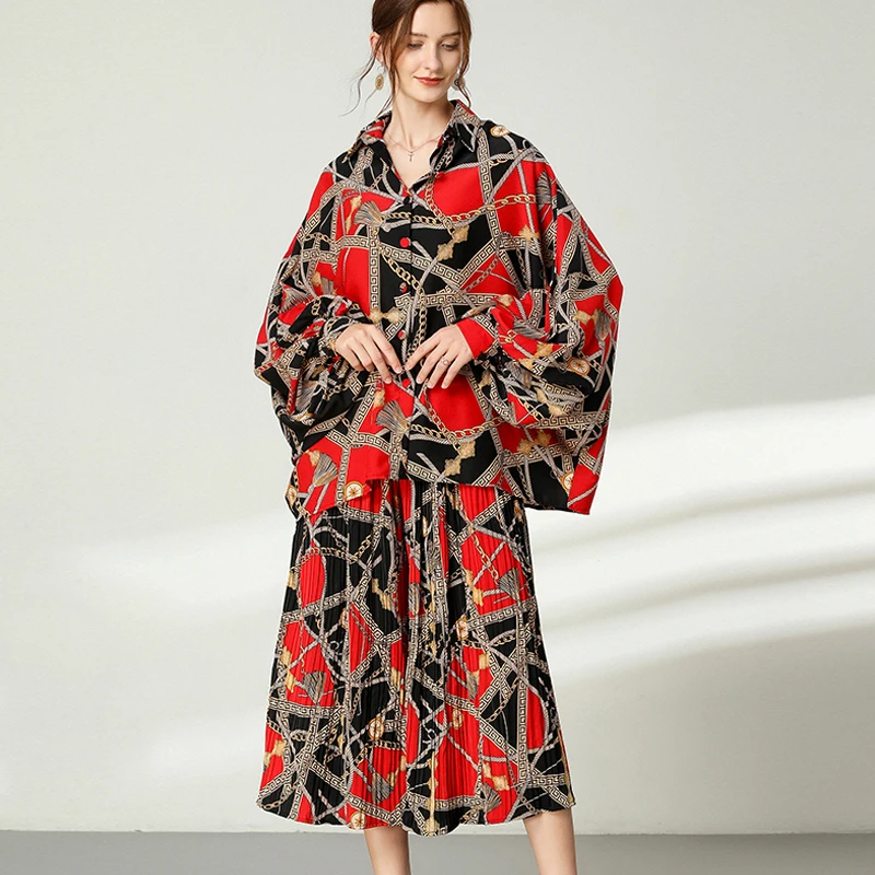 

Woman Sets 2020 Floral Print Yellow Autumn Plus Size Batwing Sleeve Shirts and Wide Leg Pants Set Women Oversized Sets Red