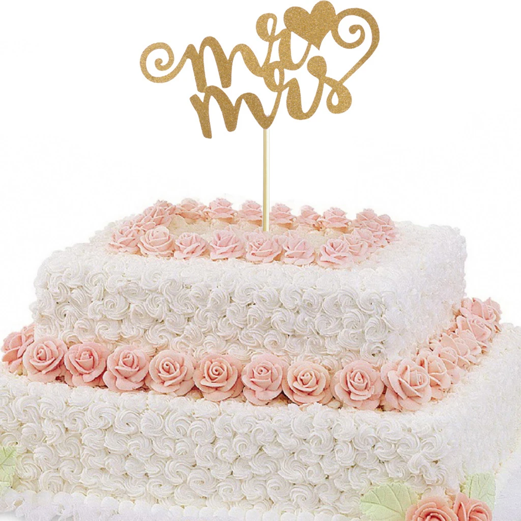 20pcs/set Glitter Paper Wedding Mr & Mrs Heart Cake Cupcake Topper Pick Decor Gold/Silver