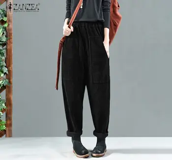 

Women Autumn Elastic Waist Corduroy Pants Solid Long Trousers ZANZEA Vintage Corduroy Harem Pants Loose Turnip Pantalon Casual