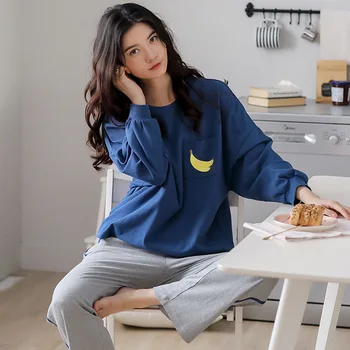 

MELIFLE Cotton Pajamas Set for Women Autumn Winter Fashion Solid Long Sleeve O-Neck Sleepwear Loose Elastic Waist Pants Nightie