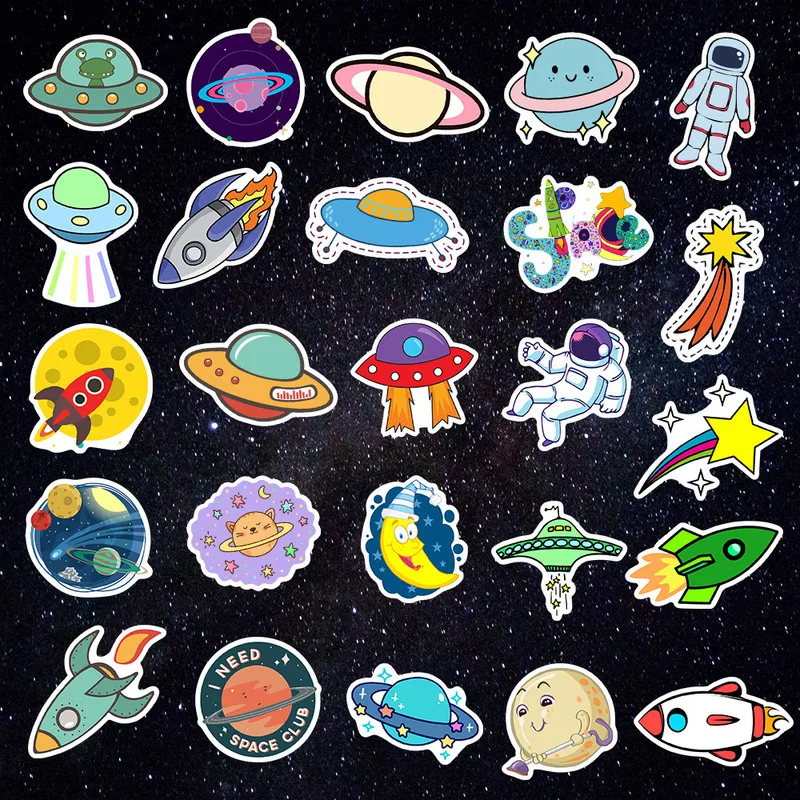 

50 PCS Outer Space Stickers Toys for Children Alien UFO Astronaut Rocket Ship Planet Sticker to Scrapbooking Skateboard Laptop