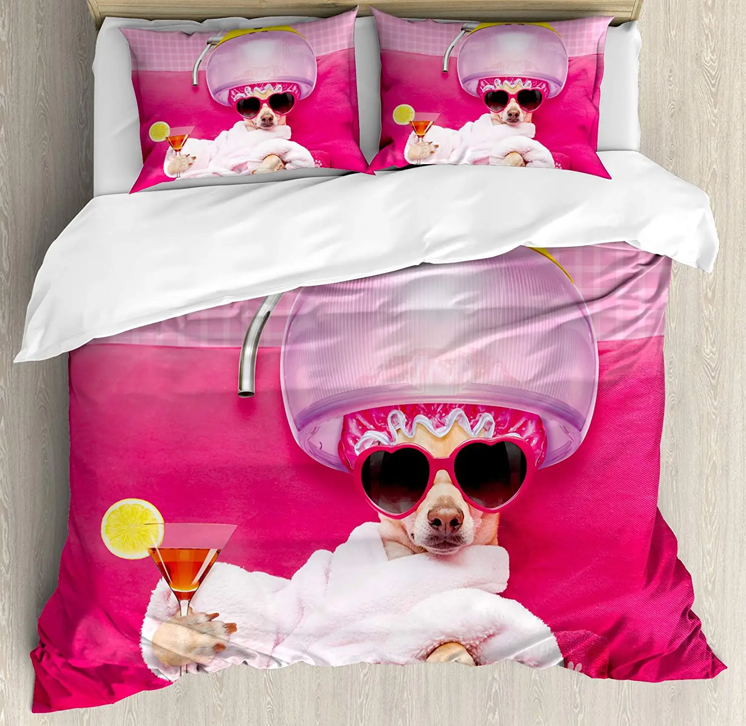 Funny Duvet Cover Set King Size Chihuahua Dog Relaxing and Lying in Wellness Spa Fashion Puppy Comic Print Decorative 3 Piece | Дом и сад