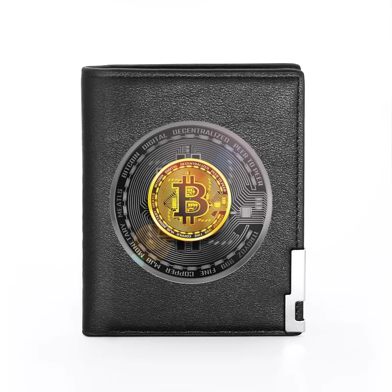 Мужской кожаный кошелек с принтом символа биткоина двойной складной тонкий