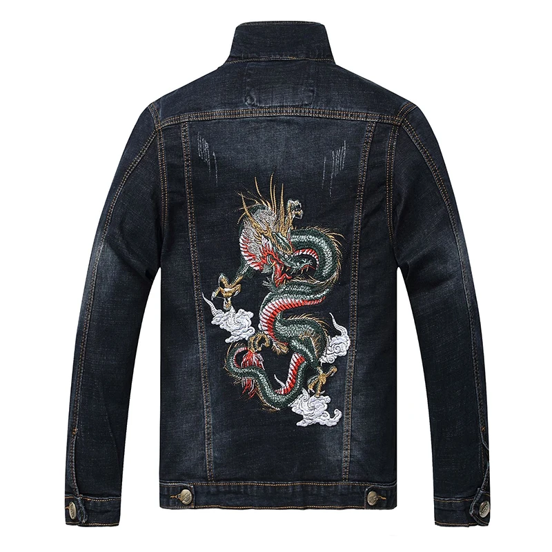 

ABOORUN Dragon Embroidery Mens Denim Jacket Korean Casual Jeans Jacket Elasticity Slim fit Outwear Male R2467