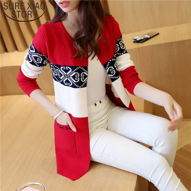 US $11.21 2019 Women's Long Sweater Cashmere Autumn Cardigan knitting Sweater Pink Black Red Printing Winter 