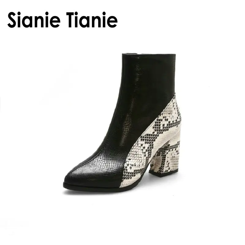 

Sianie Tianie 2019 new sexy serpent print block high heeled boots for lady pointed toe ankle stilettos booties women ankle boots