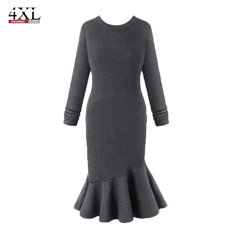

Gray Long Elegant Dress Vintage Office Dress Casual Long Sleeve Sweater Dresses Bodycon Ruffles Winter Ladies Party Dress Black