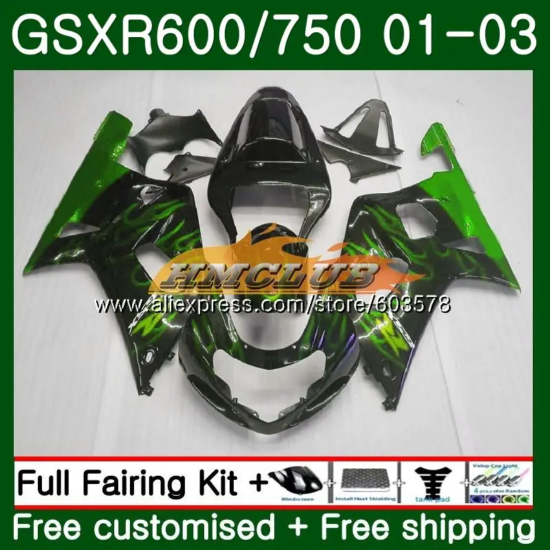 Корпус для SUZUKI GSX-R600 GSXR-600 K1 GSXR600 01 02 03 4CL. 53 GSXR 600 750 GSXR-750 GSXR750 2001 2002 2003 обтекателя зеленый пламя