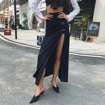 

Womens Clothing Retro Fashion Loose Midi Skirts Women Streetwear New High Waist Hem Black Sexy Slim Split Skirts Dropshipping