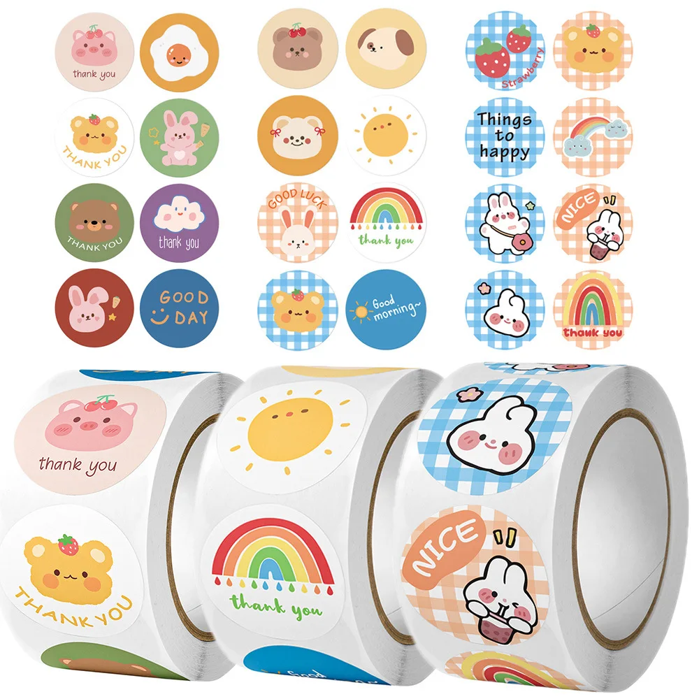 500 Pcs 1 Inch Cute Kids Cartoon Animals Labels Stickers for Gift Package Card Birthday Party Wrapping Children Teaching 500pcs roll 1inch cute cartoon round thank you stickers labels for gift box packing wrapping decration bakery small business