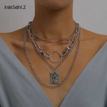 

IngeSight.Z 4Pcs/Set Multi Layered Punk Paper Clip Carved Coin Pendant Necklace Round Circle Curb Cuban Choker Necklaces Jewelry