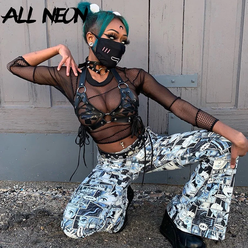

ALLNeon Punk Graphic Long Pants Cartoon Print Mid Waist Zipper Skinny Flare Pants Vintage Women Streetwear Hip Hop Trousers 2020
