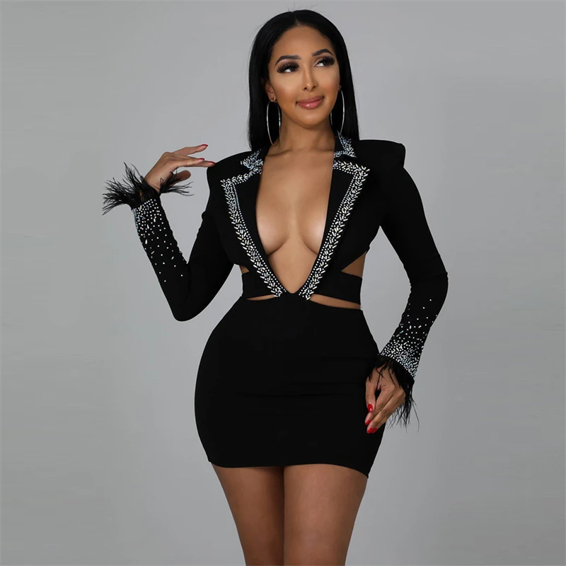 Adogirl Rinestone Diamonds Feather Mini Club Party Dress Women Sexy Plunge V Neck Long Sleeve Hollow Out Birthday Outfits