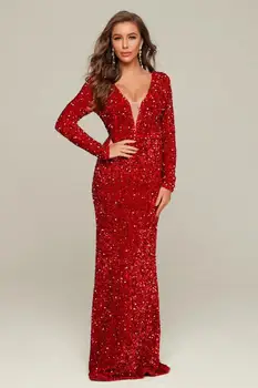 

High Quality Elegnat Long SLeeve Shining Women Red Wedding Bodycon Evening Party Dress Long Sexy Dress