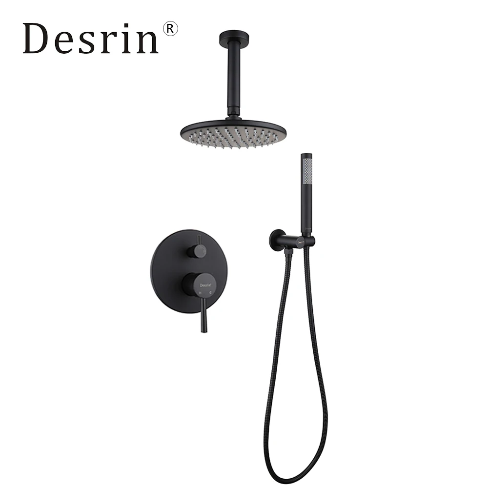 

Desrin Modern Brass Matte Black Shower Set Bathroom Wall Shower Arm Diverter Mixer Handheld Spray Sets With 8-12" RianShowerhead