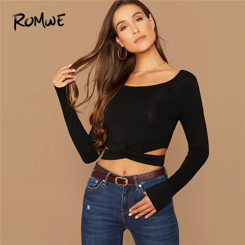 

ROMWE Cut Out Crisscross Front T Shirt Women Solid Long Sleeve Crop Top Spring Sexy Black Shirt Scoop Neck Slim T Shirts