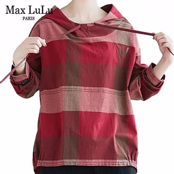 Max lulu 2020 estilo de moda coreano senhoras primavera camisas casuais das mulheres xadrez com capuz blusas soltas topos roupas de algodão de grandes dimensões