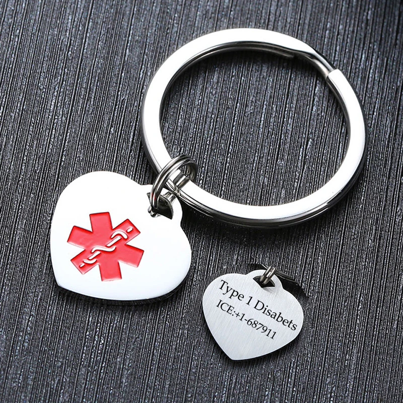 

Medical Allergy Alert Keychains Personalized Love Tag Type 1 Diabetes Engraved Heart Keychain For Men Women Unisex