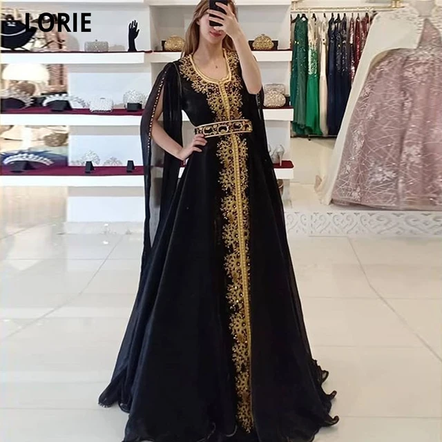 LORIE Moroccan Caftan Black Evening Dresses Formal Chiffon Cap Sleeves Formal Gold Lace Appliques Dubai Party Gowns Custom Made 1