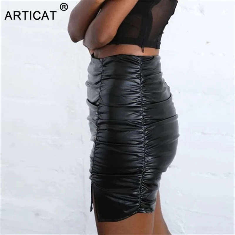 Articat, Черная Женская юбка из спилка, высокая талия, с рюшами, облегающие мини-юбки для женщин, s,, Осенние Короткие вечерние юбки для женщин