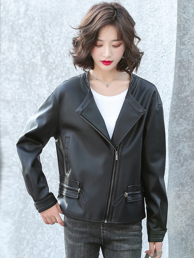 New Women Biker Leather Jacket Spring Autumn 2024 Fashion Design O-Neck Solid Color Zipper All-match Loose Short Sheepskin Coat