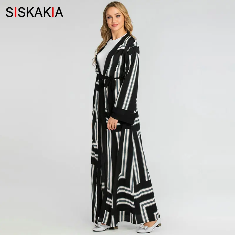 Siskakia мусульманская открытая абайя тонкая черная полоса Лоскутная Печать кимоно повседневные Арабские халаты для женщин верхняя одежда размера плюс - Цвет: Black abaya