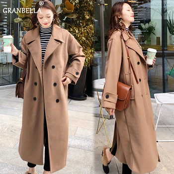 

Autumn and Winter 2020 New Women's Woolen Coats Plus Size Double Breasted Long Overcoat Korean Slim Pure Color Loose Trench Coat