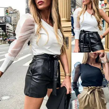 

Sexy High Street Women One Single Shoulder See-through Mesh Sheer Puff Long Sleeve Shirt Ladies Casual Slim Blouse Top