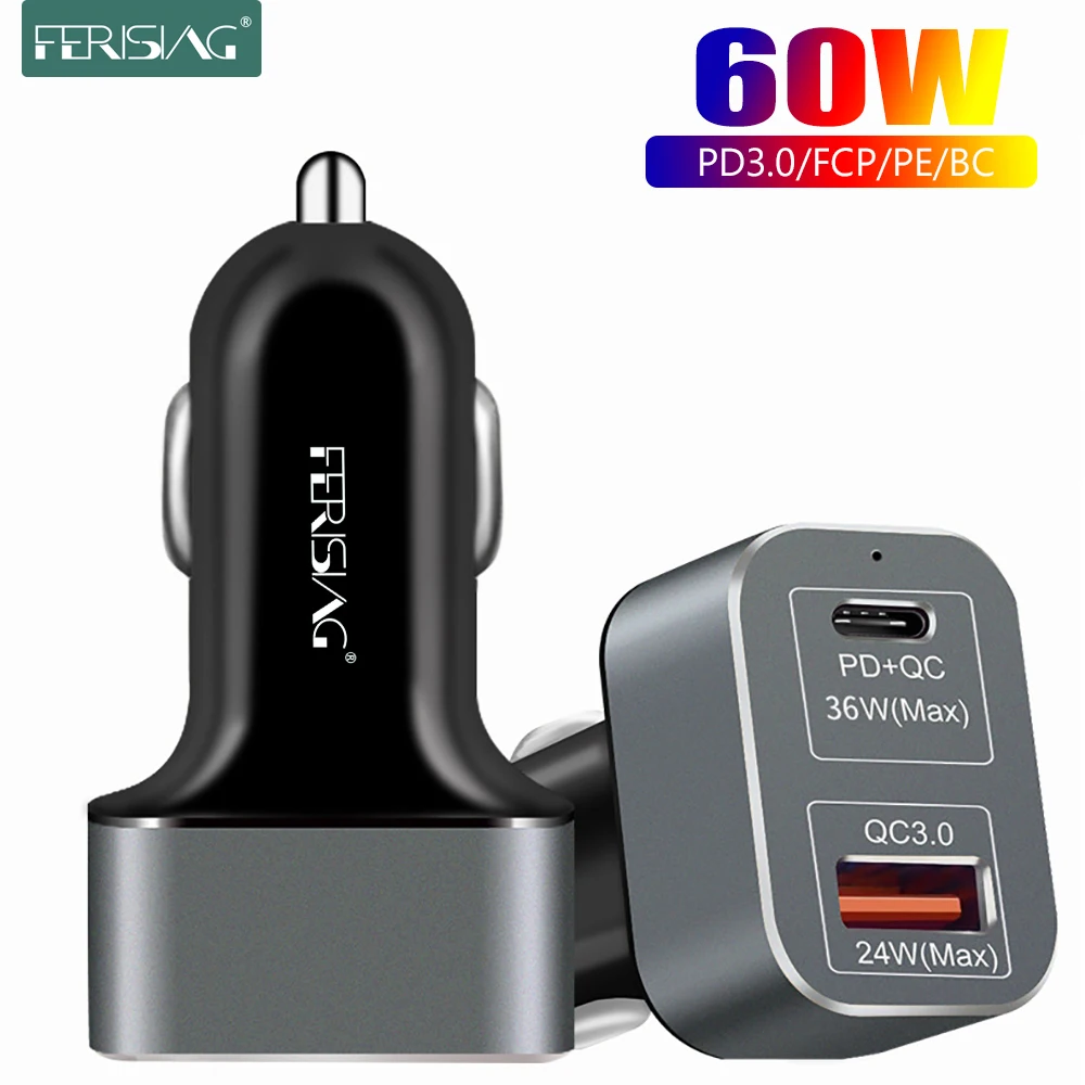 

FERISING 60W Car Charger Quick Charge QC 4.0 3.0 USB C Charger PD Type C Fast Charging 20W For iPhone 12 mini Pro max MacBook