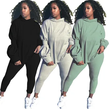 

Two Piece Suit Autumn and Winter Solid Color Puff Sleeve Split Hoodie Sports Bulk Items Wholesale