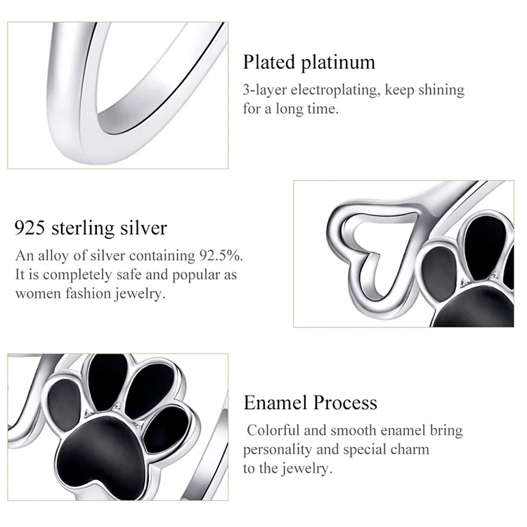 Sterling Silver Paw Dog Footprint Heart Rings Black Enamel Adjustable - PeticaDeals