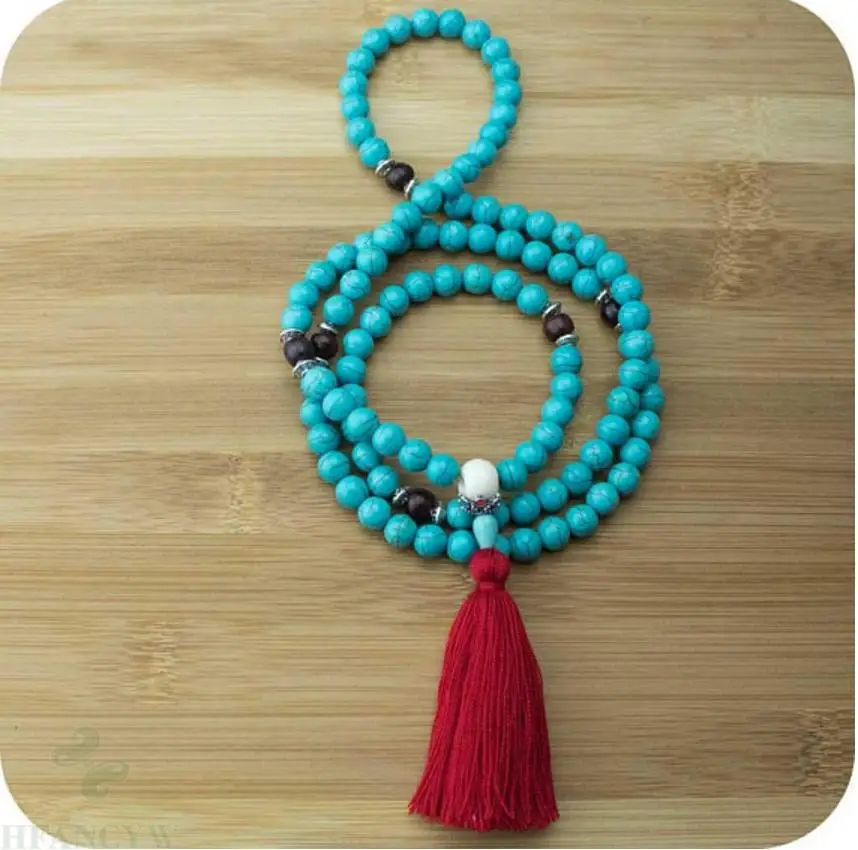 

8mm Turquoise Gemstone 108 Buddha Beads Tassels Mala Necklace cuff Lucky Healing MONK Fancy yoga Meditation Handmade Bless pray