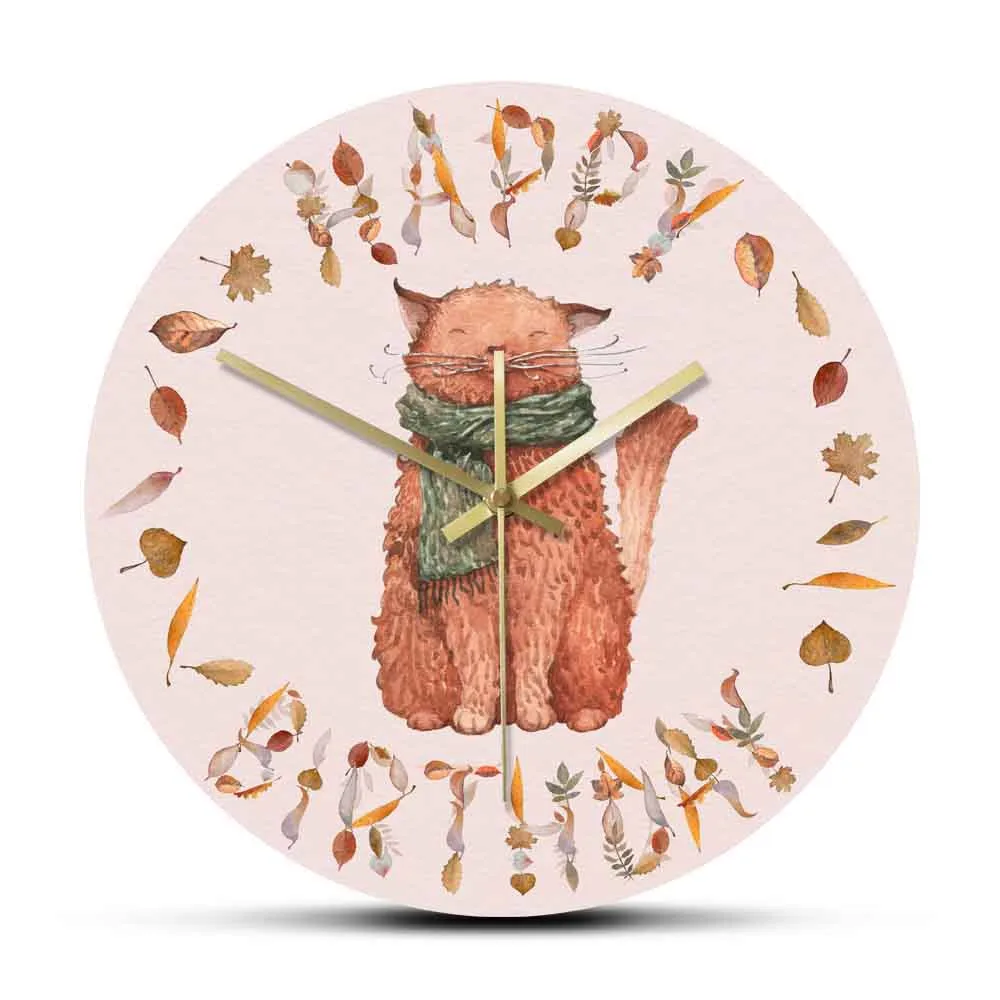 Buon Compleanno Foglie Di Autunno Gatto Di Grandi Dimensioni In Acrilico Appeso A Parete Orologio New Nordic Modo Ha Stampato Non Ticchettio Gattino G