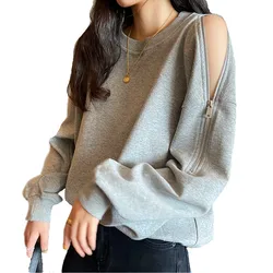2022 Spring Autumn Women Jumper Casual Loose Zipper Hollow Out Shoulder O Neck Hoodies Solid Street Fashion Sexy Sweatershirt
