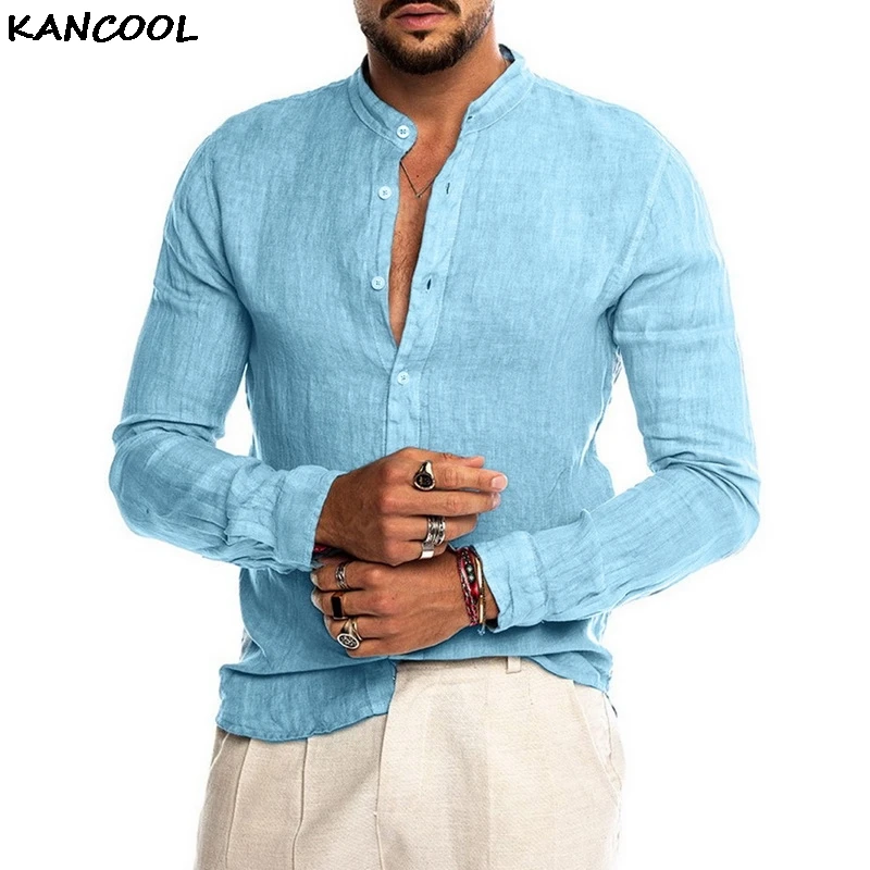 Herbst Männer Casual Leinen Bequem Dünn Langarm Tops Bluse Shirts L ~ 3XL