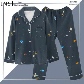 

2Pcs/set Universe Planet Women Pajamas for Women Print Long Sleeve Sleepwear Casual Loose Comfortable Homewear Plus Size Pajama