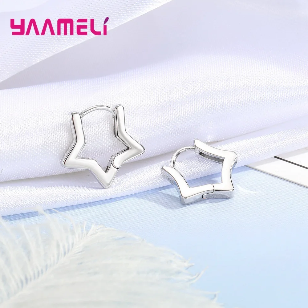 100% Real 925 Sterling Silver Earrings Statement Heart Star Square Round Geometric Hoop Flexible Earwire Leverback Women Jewelry
