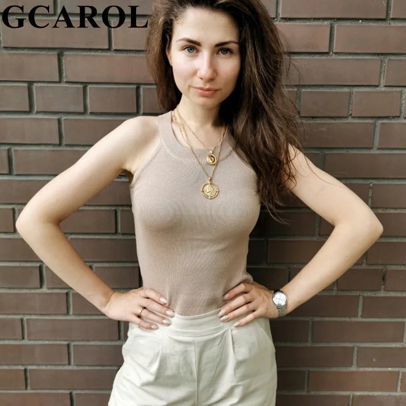 Женский трикотажный топ GCAROL без рукавов с лямкой на шее летний открытыми плечами