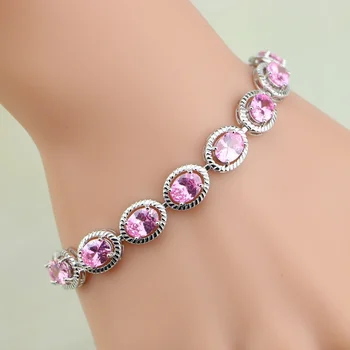 

925 Sterling Silver Jewelry Mystic Pink CZ Chain & Link Bracelet Christmas Gifts For Women Free Gifts Box