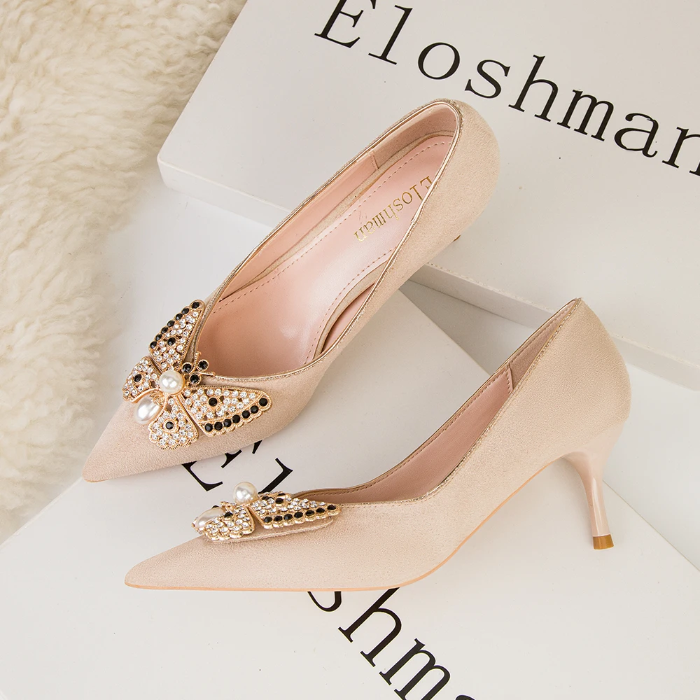 Women High Heels Suede Pumps Woman Shoes Butterfly Metal Decoration Branded Summer Luxury Microfiber Party Wedding Shoes 2022