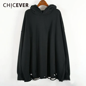 

CHICEVER Korean Casual Women's Sweatshirt Hooded Long Sleeve Hole Ripped Irregular Oversize Pullovers Female 2020 Autumn New