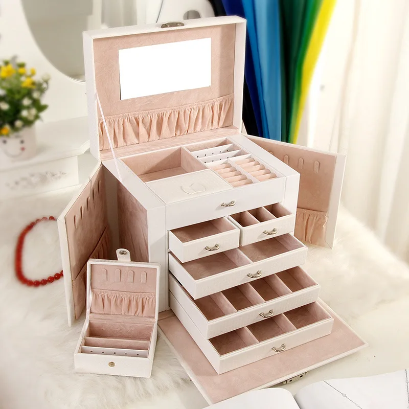  COSTWAY Portable Jewelry Box Organizer Ring Stud Earrings Jewelry Storage Box With Mirror Faux Leat