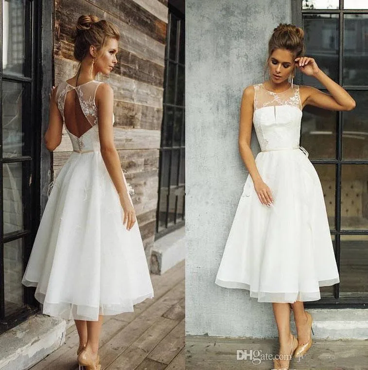 

Vintage 50s' Tea-length Wedding Dresses 2020Sheer Jewel Neck Lace Tulle Country Garden Short Bridal Gowns robe de marriage
