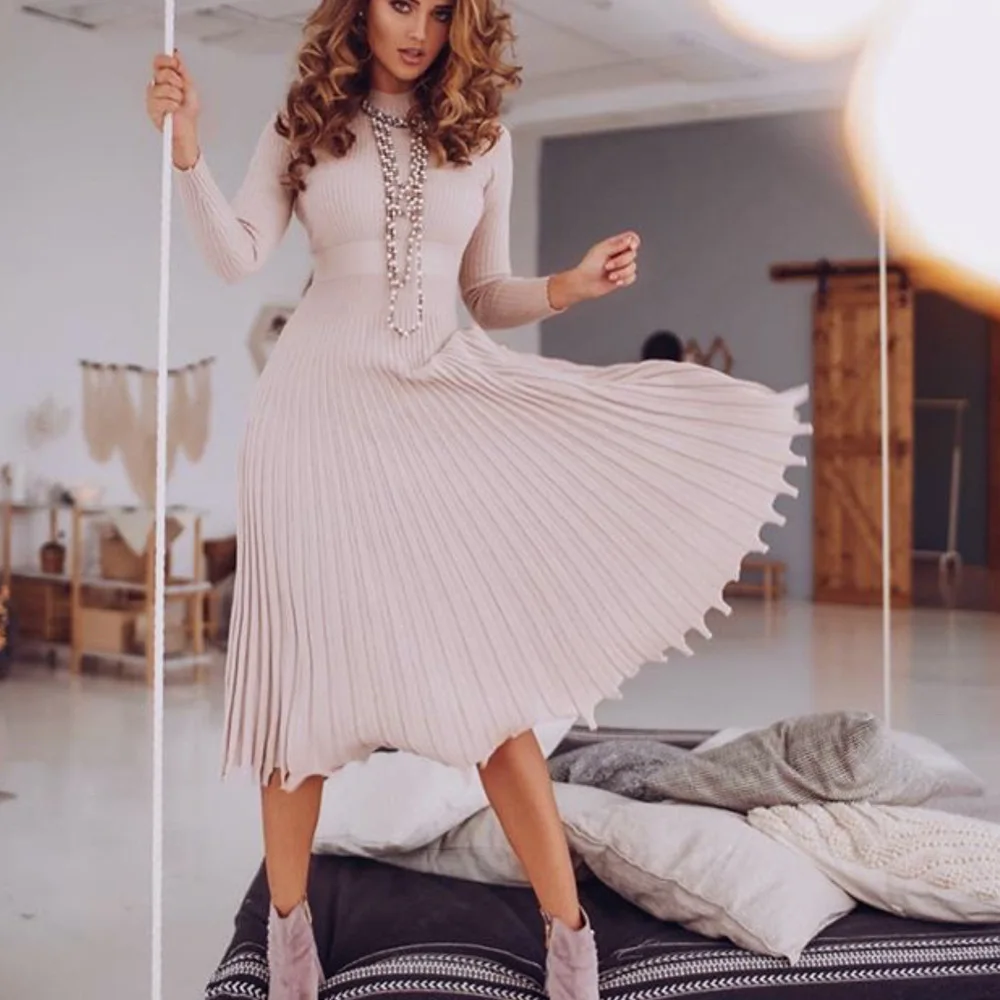 Vestido de punto plisado acanalado para mujer, suelto, de moda, con retazos, manga larga, cintura alta, de punto, vestido maxi femenino de otoño, nuevo