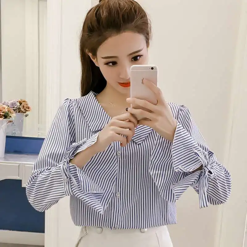 

2020 New Polyester Striped Flare Long Sleeve Blouse Asymmetrical Collar Single Breasted Women Shirts Size S-2XL Free Shipping