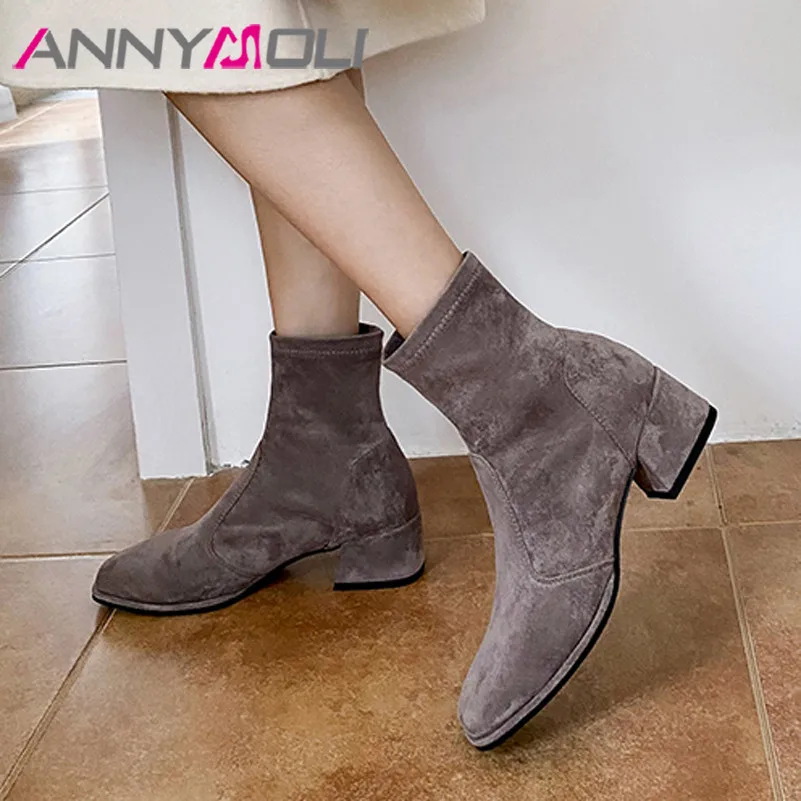 

ANNYMOLI Med Heel Woman Boots Square Toe Ankle Boots Block Heel Short Boots Female Shoes Autumn Winter Brown Black Big Size 43