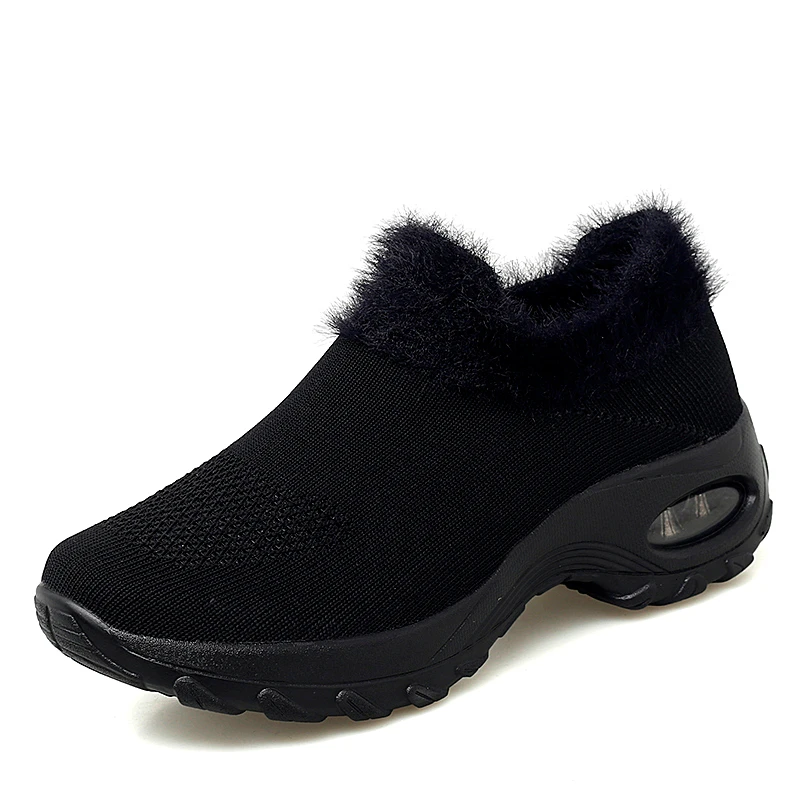 black shoes women Зимняя спортивная обувь; женские кроссовки с теплым мехом и плюшевой подошвой; спортивная обувь для улицы; нескользящая обувь на платформе; zapatos mujer; прогулочная обувь - Цвет: black shoes women