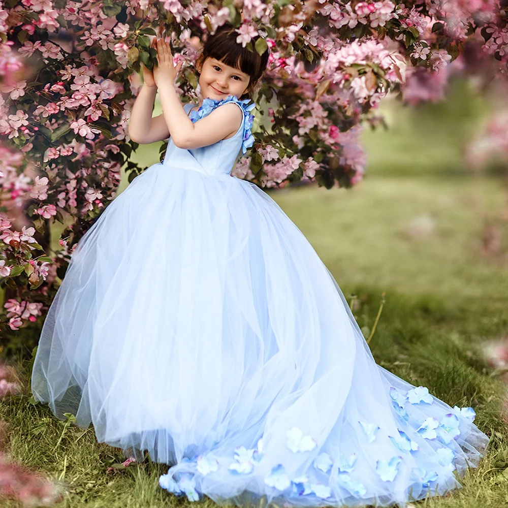 

Blue Flower Girl Dresses 2022 New Tulle Baby Christmas Party Prom Gowns 3D Applique Kids 2 5 6 Birthday Dress платье для девочки