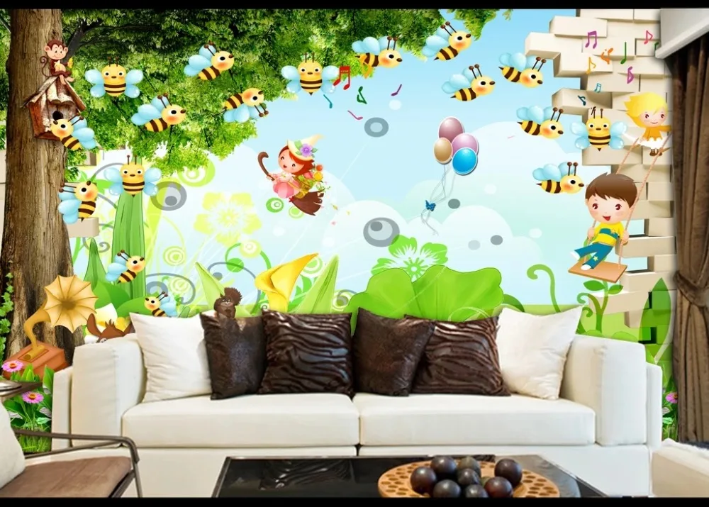 Большие настенные 3D обои на заказ с изображением животных из мультфильмов, милое большое дерево, пчела, ферма, Фреска для спальни, ТВ, заднее настенное украшение, глубокое тиснение 5D