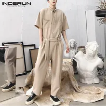 INCERUN, корейский стиль, мужской однотонный повседневный комбинезон с коротким рукавом, удобные мешковатые брюки-карго, мужские Модные комбинезоны, комбинезоны, уличная одежда